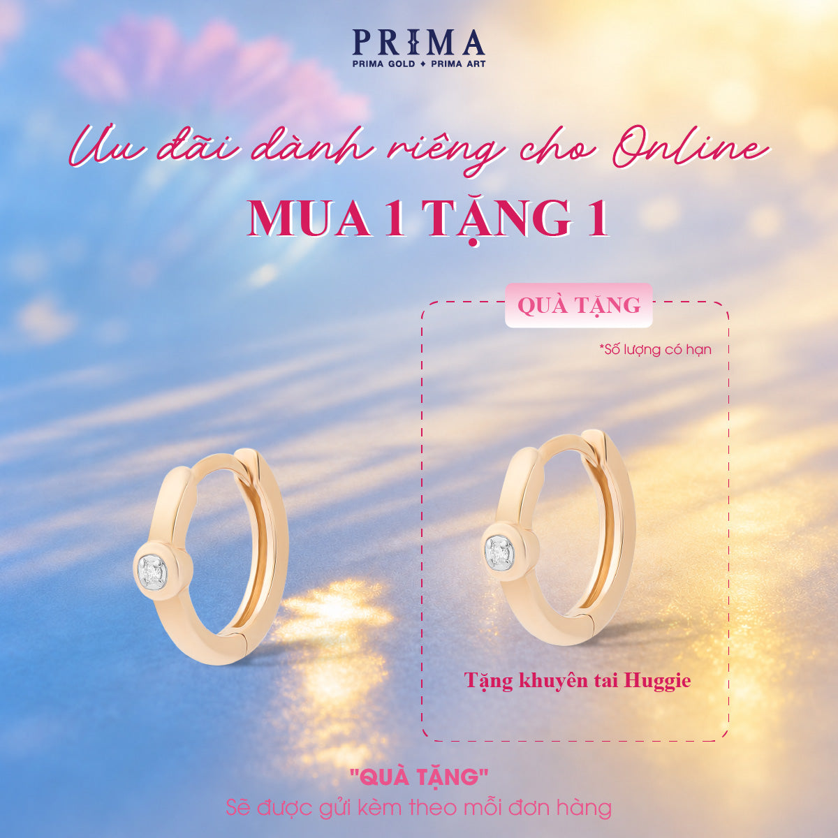 [B1G1] PRIMA Hoa tai Vàng 9K kết hợp Kim Cương kiểu dáng Hình Tròn - BST Jolly Huggie ( 1 chiếc)
