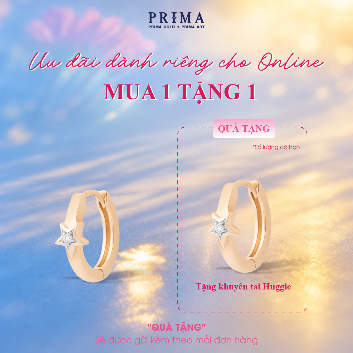 [B1G1] PRIMA Hoa tai Vàng 9K kết hợp Kim Cương kiểu dáng Ngôi Sao - BST Jolly Huggie ( 1 chiếc)