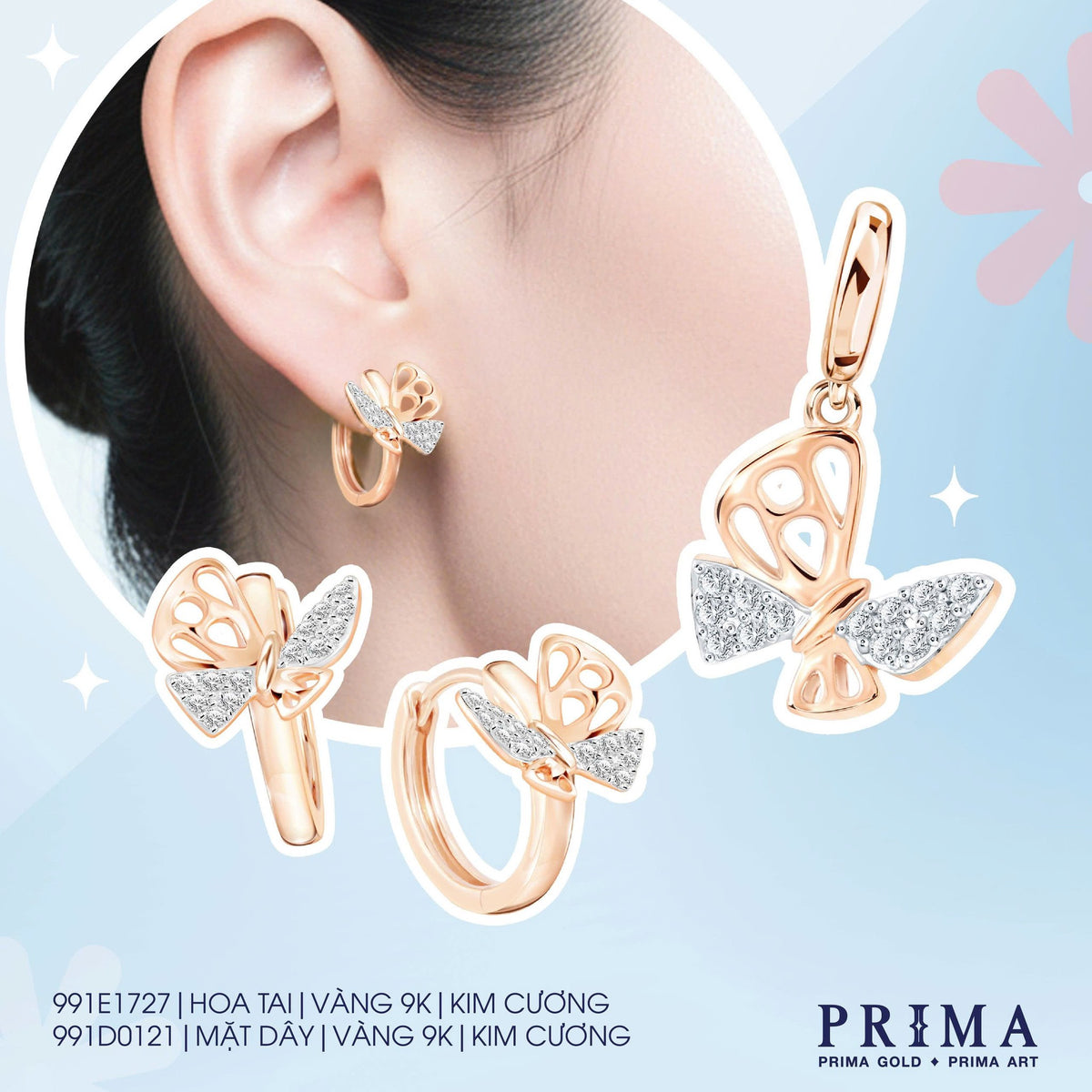 PRIMA Hoa tai Vàng 9K kết hợp Kim Cương kiểu dáng Cánh Bướm - BST Charm & Huggies