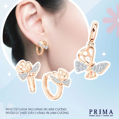 PRIMA Hoa tai Vàng 9K kết hợp Kim Cương kiểu dáng Cánh Bướm - BST Charm & Huggies