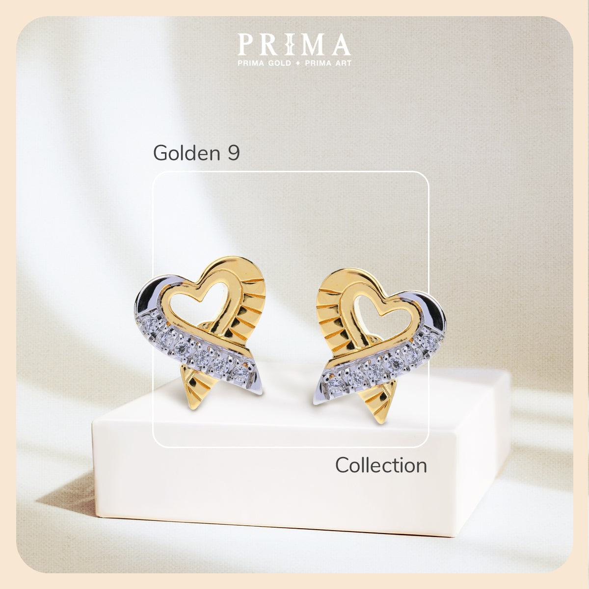 PRIMA Hoa tai Vàng 9K kết hợp Kim Cương kiểu dáng Trái tim - BST Golden 9K