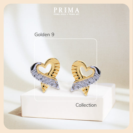 PRIMA Hoa tai Vàng 9K kết hợp Kim Cương kiểu dáng Trái tim - BST Golden 9K