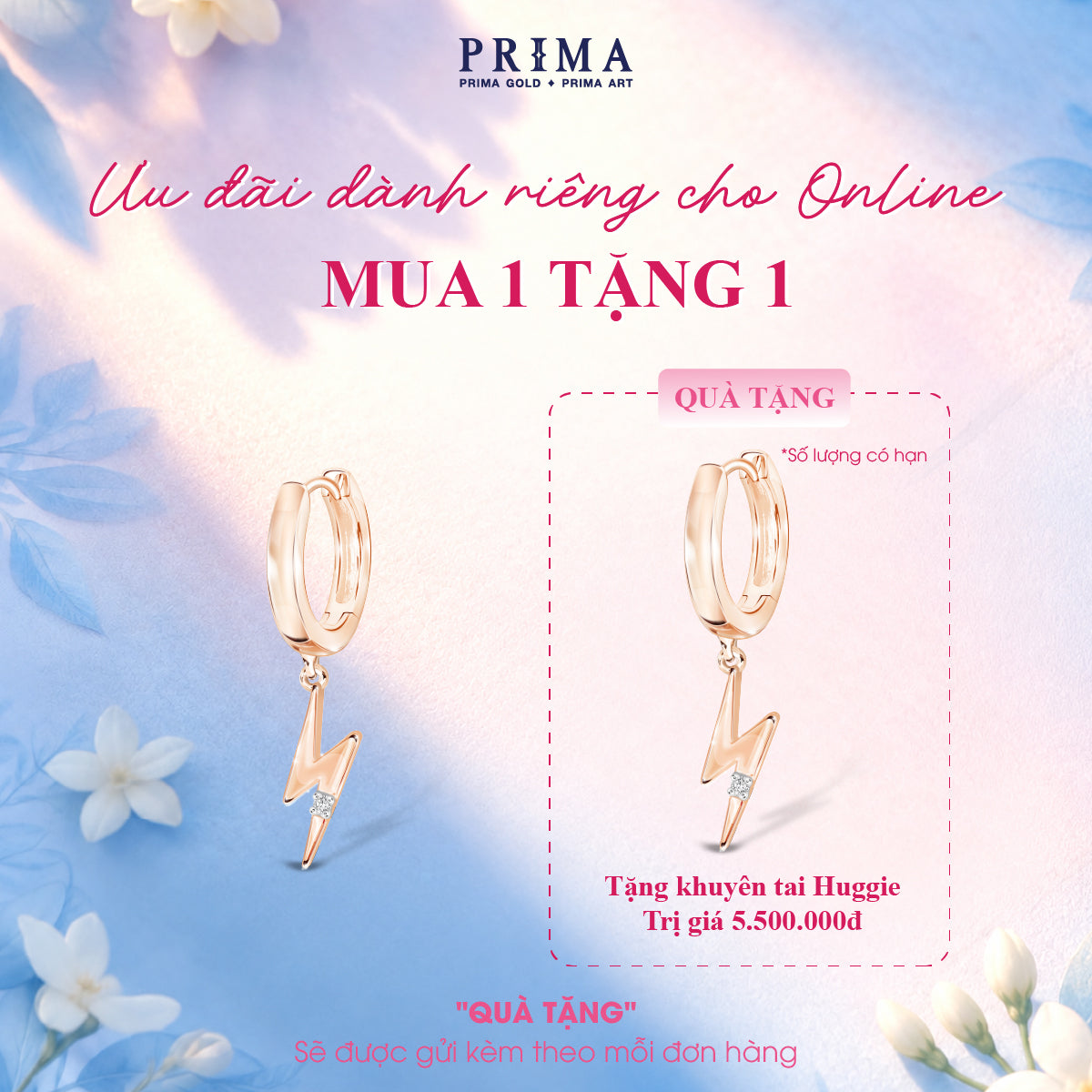 [B1G1] PRIMA Hoa tai Vàng 9K kết hợp Kim Cương kiểu dáng Tia Chớp - BST Jolly Huggie ( 1 chiếc)