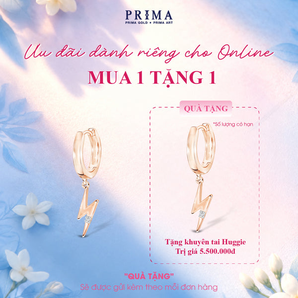 [B1G1] PRIMA Hoa tai Vàng 9K kết hợp Kim Cương kiểu dáng Tia Chớp - BST Jolly Huggie ( 1 chiếc)