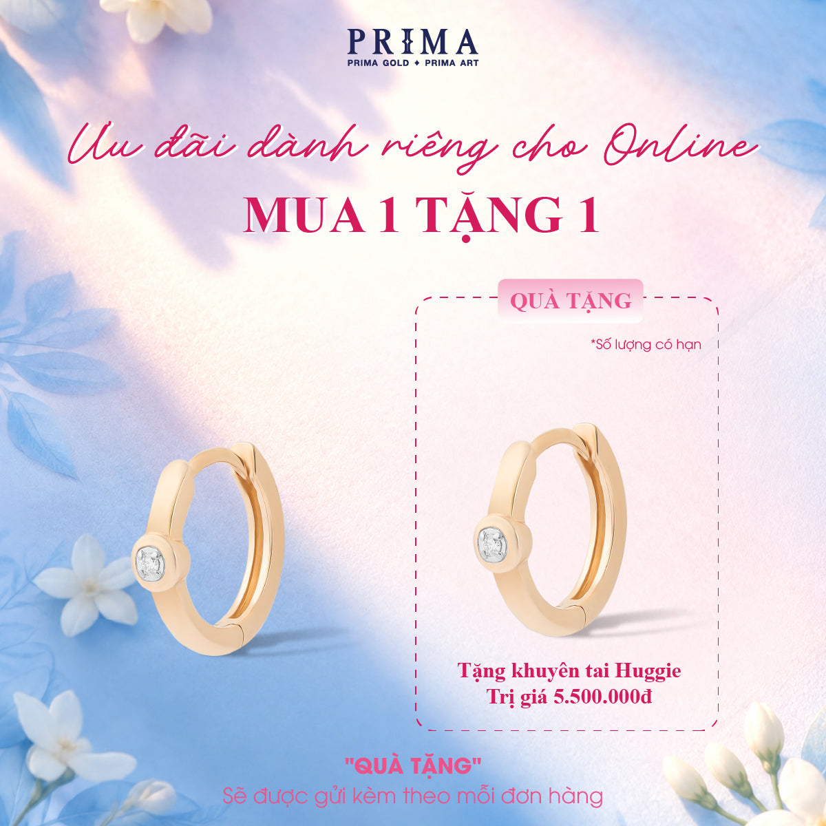 [B1G1] PRIMA Hoa tai Vàng 9K kết hợp Kim Cương kiểu dáng Hình Tròn - BST Jolly Huggie ( 1 chiếc)